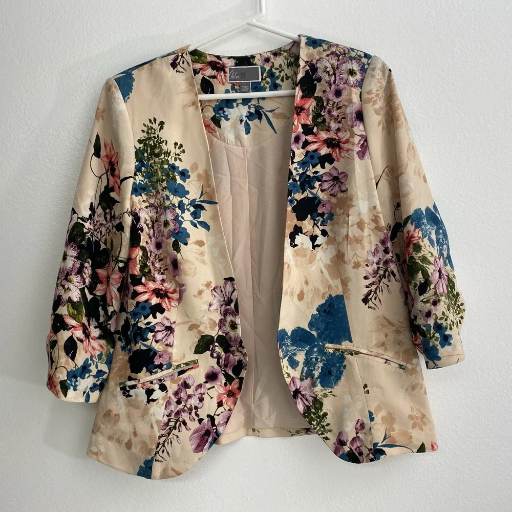 Chelsea28 Floral Print Pink Blazer Open Front Jacket 3 Quarter‎ Sleeve SZ L